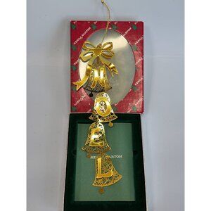 Reed & Barton Noel Bells Ornament Gold Tone Filigree Dangling Letters 8 Inch Box